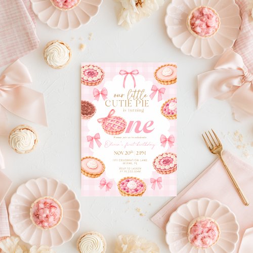 Pink Bow Girl Little Cutie Pie Gingham Birthday Invitation