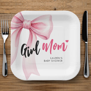 Pink Bow Girl Mom Ribbon Cute Baby Shower Paper Plates