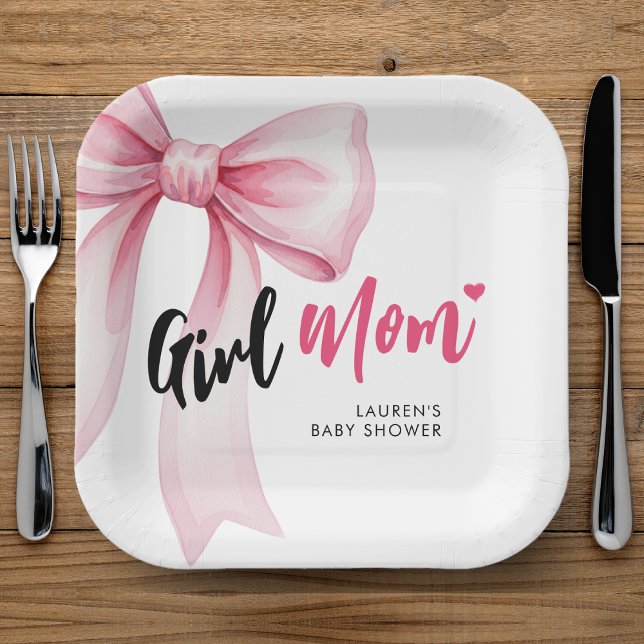 Pink Bow Girl Mom Ribbon Cute Baby Shower Paper Plates (Creator Uploaded)