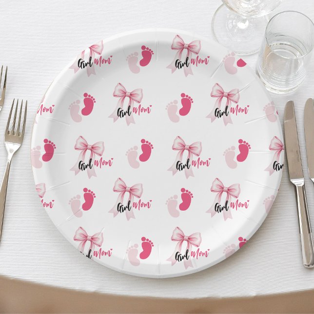 Pink Bow Girl Mom Ribbon Cute Baby Shower Paper Plates (Creator Uploaded)
