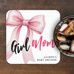 Pink Bow Girl Mom Ribbon Cute Baby Shower Square Paper Coaster