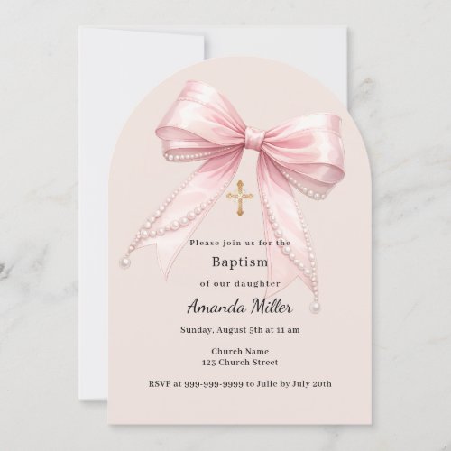 Pink bow girl pearls champagne arch Baptism Invitation