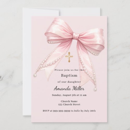 Pink bow girl pearls elegant Baptism Invitation