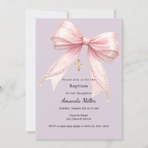 Pink bow girl pearls lavender Baptism Invitation