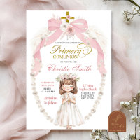 Pink Bow Girl Praying Spanish Primera Comunion