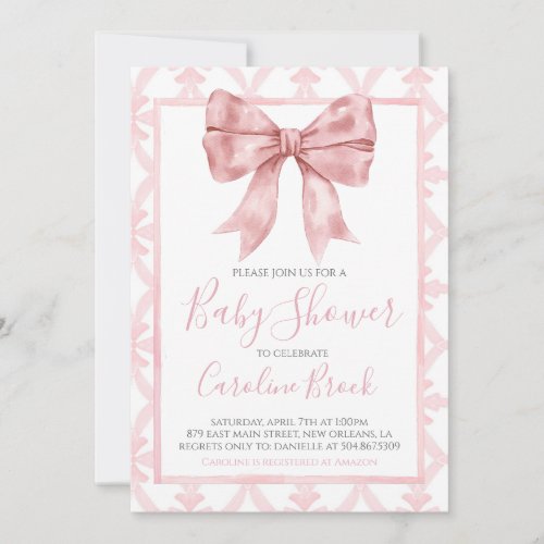 Pink Bow Girl Preppy Southern Baby Shower Invitation