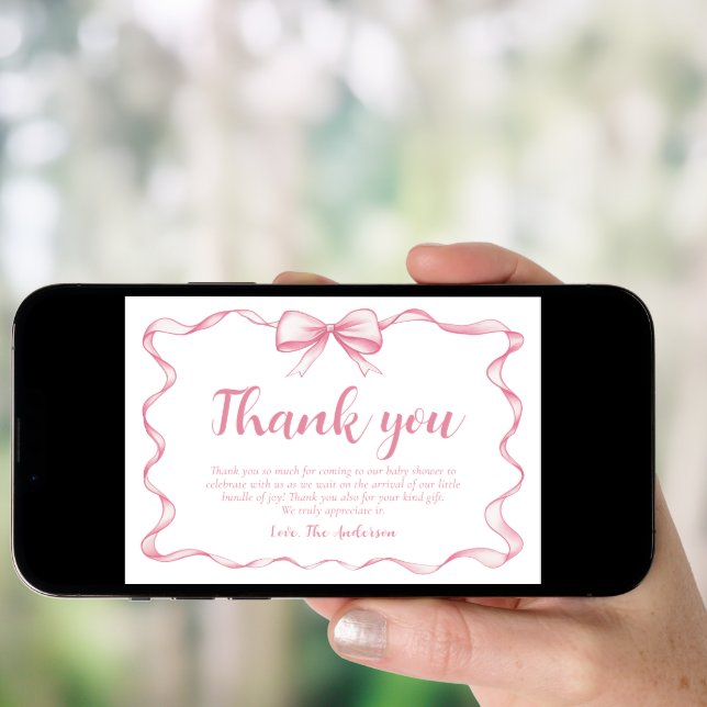 Pink Bow Girl Ribbon Baby Shower Thank you Card (Front Digital)