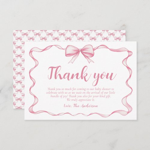 Pink Bow Girl Ribbon Baby Shower Thank you Card