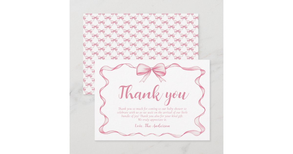 Pink Bow Girl Ribbon Baby Shower Thank you Card | Zazzle