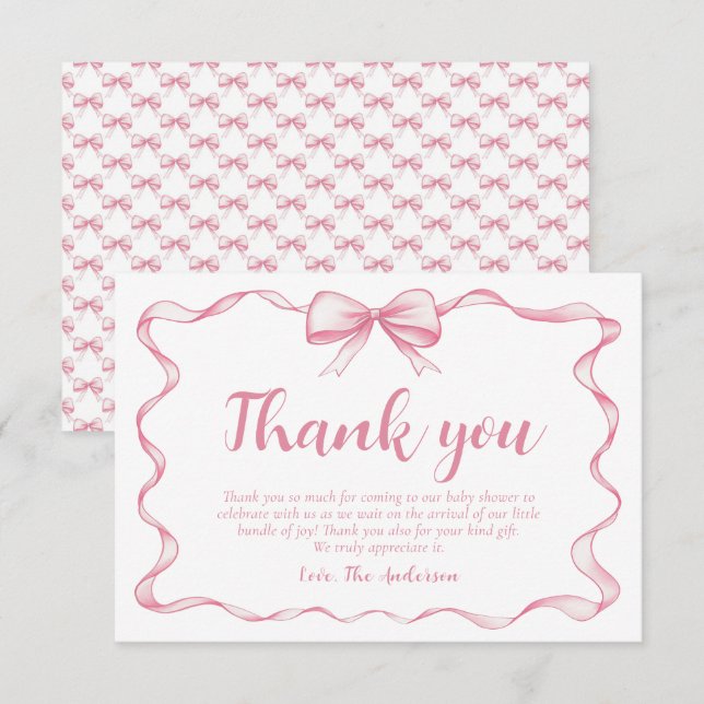 Pink Bow Girl Ribbon Baby Shower Thank You Card (Front/Back)