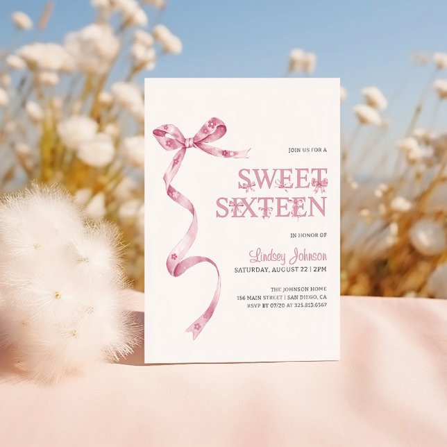 Pink Bow Girl Sweet Sixteen 16th Birthday Invitation (Creator Uploaded)