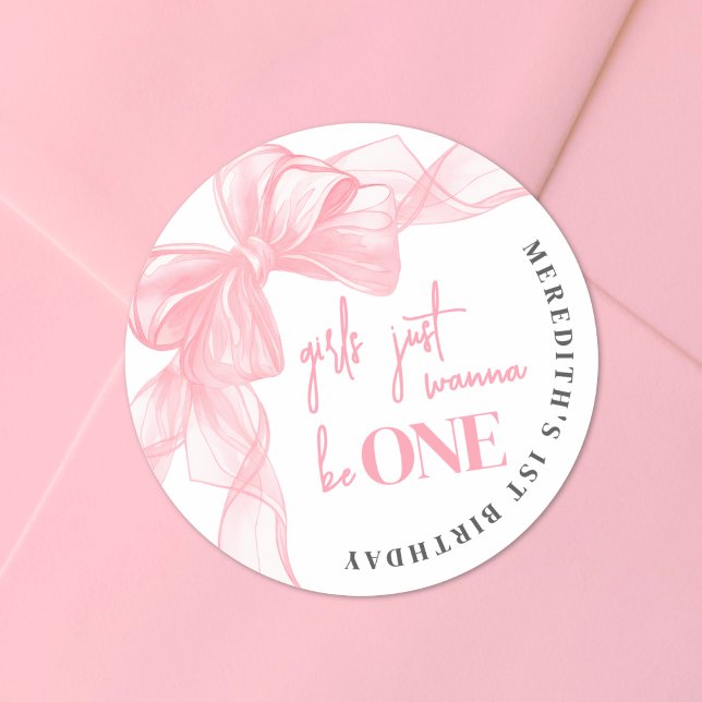Pink Bow Girls 1st Birthday Classic Round Sticker (Pink Bow Girls 1st Birthday Classic Round Sticker )
