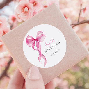 Pink Bow Girls 1st Birthday Classic Round Sticker
