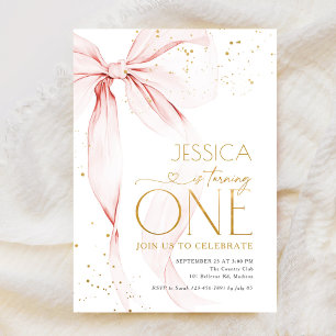 Pink Bow Girls 1st Birthday Invitation