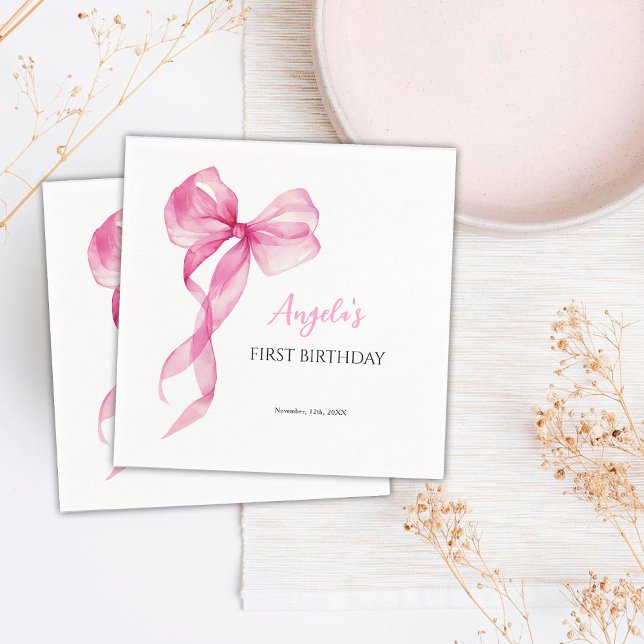 Pink Bow Girls 1st Birthday Napkins (Creator Uploaded)