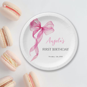 Pink Bow Girls 1st Birthday Paper Plates
