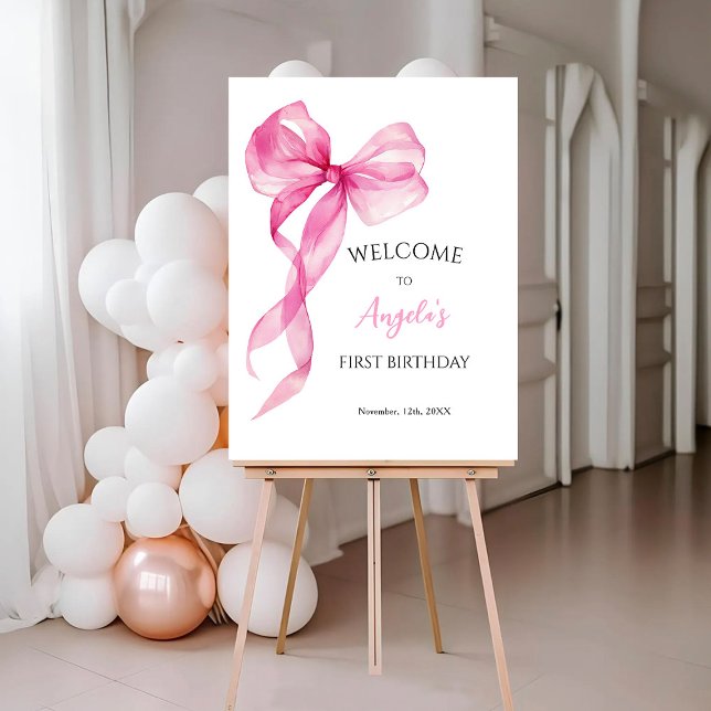 Pink Bow Girls 1st Birthday Welcome Sign (Creator Uploaded)