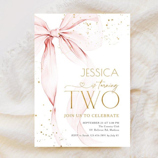 Pink Bow Girls 2nd Birthday  Invitation (Creator Uploaded)