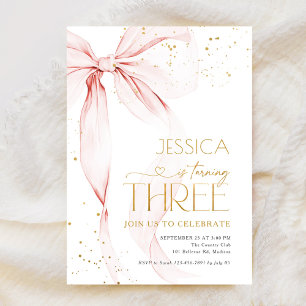 Pink Bow Girls 3rd Birthday Invitation