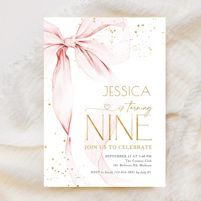 Pink Bow Girls 9th Birthday  Invitation (Creator Uploaded)