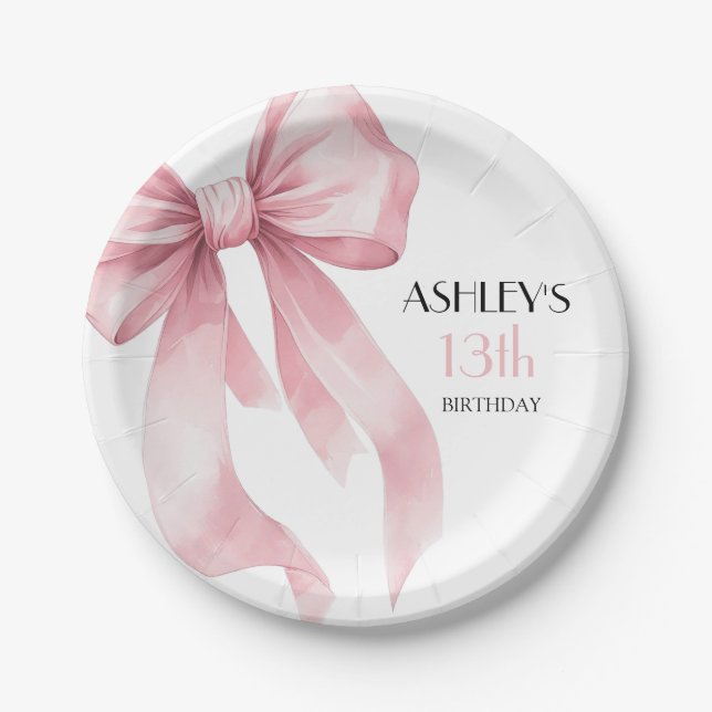 Pink Bow Girls Birthday Paper Plates (Front)