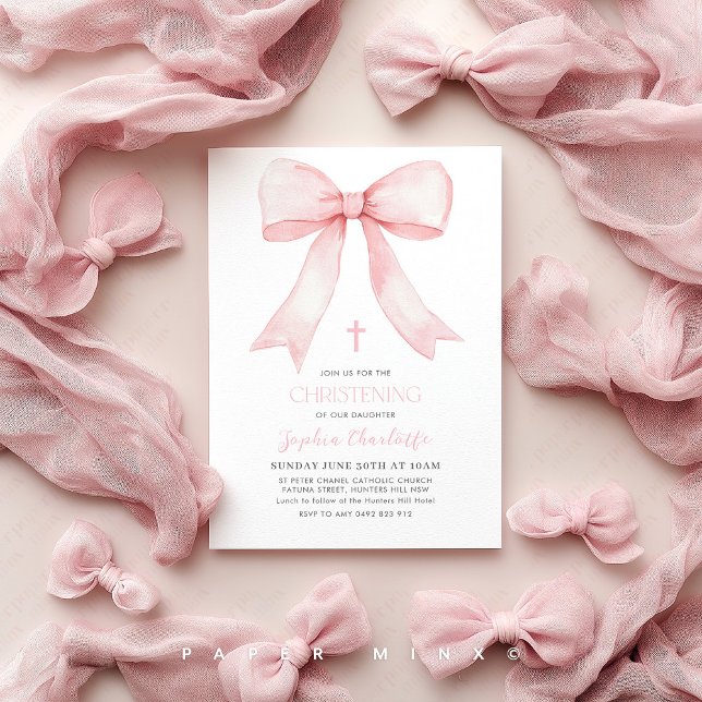 Pink Bow Girls Christening Coquette Invitation (Pink Bow Christening Invitation | Girls Coquette Baptism Invitation)