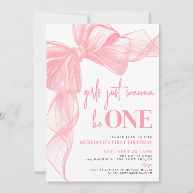 Pink Bow Girls Just Wanna Be ONE 1st Birthday Invitation (Front)