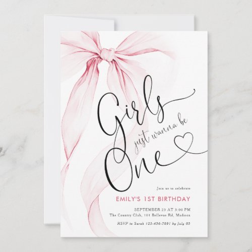 Pink Bow Girls Just Wanna Be One 1st Birthday Invitation