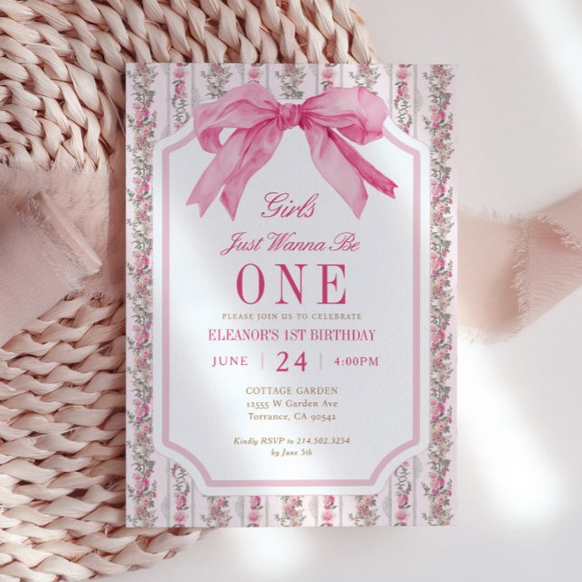 Pink Bow Girls Just Wanna Be One 1st Birthday Invitation (Creator Uploaded)