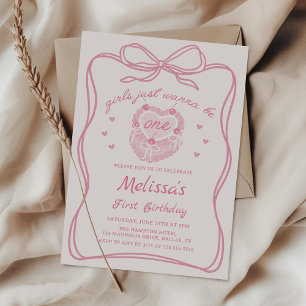 Pink Bow Girls Just Wanna Be One Birthday Invitation