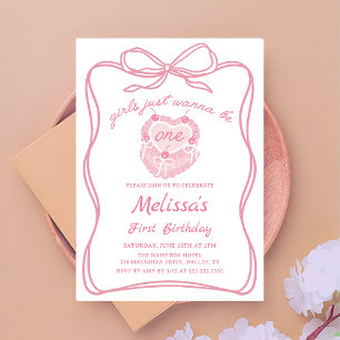 Pink Bow Girls Just Wanna Be One Birthday Invitation