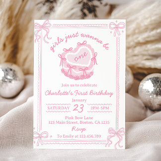 Pink Bow Girls Just Wanna Be One Birthday Invitation