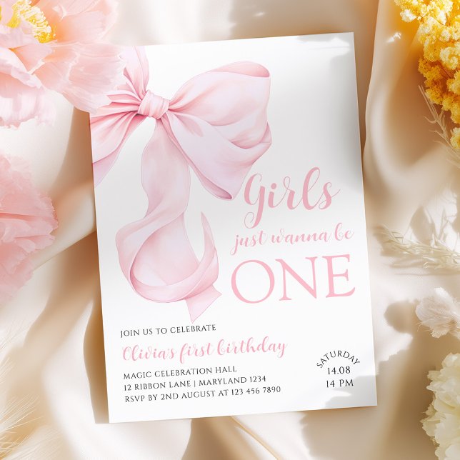 Pink Bow Girls Just Wanna be ONE First Birthday Invitation (Creator Uploaded)