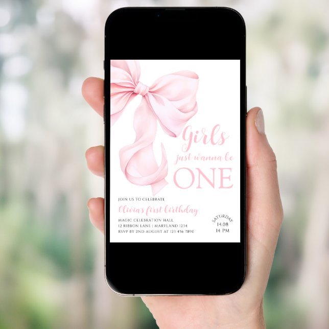 Pink Bow Girls Just Wanna be ONE First Birthday Invitation (Front Digital)