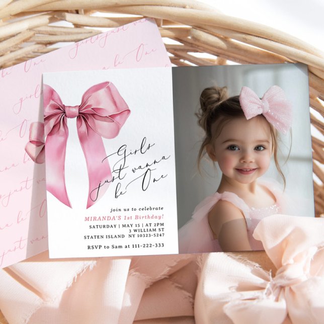 Pink Bow Girls just wanna be One Photo birthday Invitation (Creator Uploaded)
