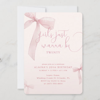 Pink Bow Girls Just Wanna be Twenty Birthday Invitation