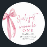 Pink Bow Girls Just Want To Be One 1st Birthday Classic Round Sticker<br><div class="desc">Add the perfect finishing touch with this Pink Bow “Girls Just Want To Be One” Birthday Sticker! 🎀 Featuring a soft blush background, modern bow detail, and playful typography, this square sticker is perfect for favor bags, party cups, envelope seals, and more. Ideal for a chic and coquette-inspired birthday celebration,...</div>