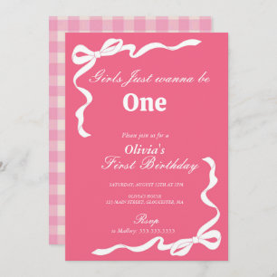 Pink Bow Girls Just Want To Be One 1st Birthday In Invitation