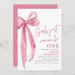 Pink Bow Girls Just Want To Be One 1st Birthday Invitation