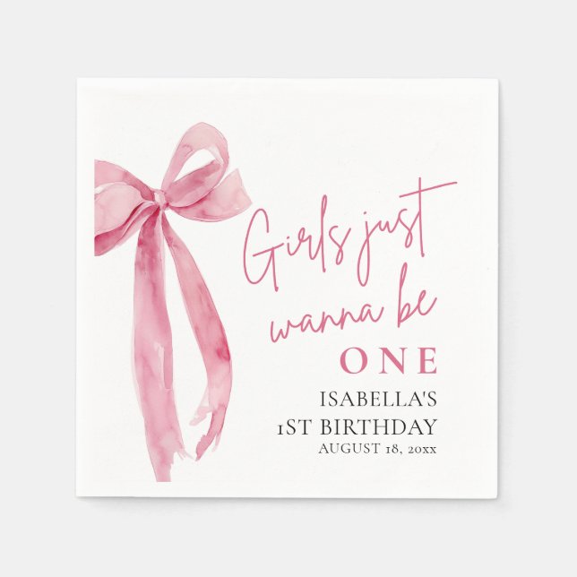 Pink Bow Girls Just Want To Be One 1st Birthday Napkins (Front)