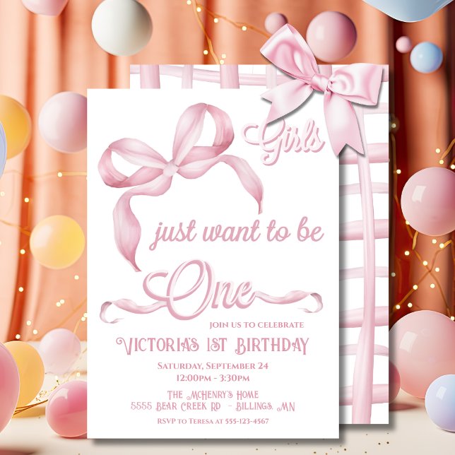 Pink Bow Girls just want to be One Birthday Invitation (Creator Uploaded)