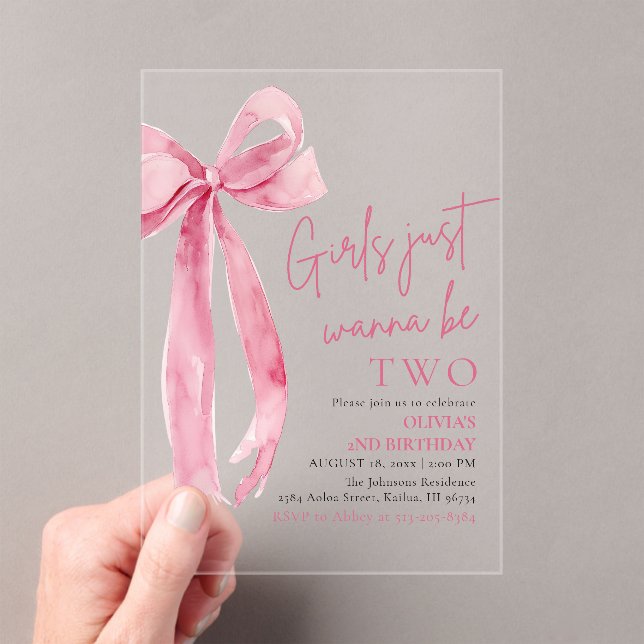 Pink Bow Girls Just Want To Be Two 2nd Birthday  Acrylic Invitations (Insitu (Handheld))