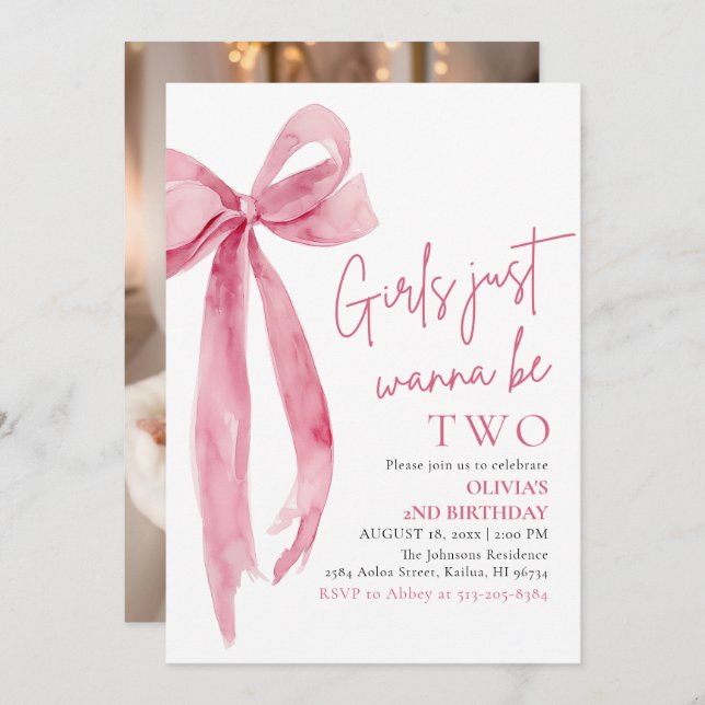 Pink Bow Girls Just Want To Be Two 2nd Birthday  Invitation (Front/Back)