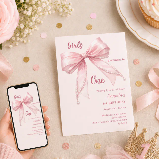 Pink bow girls wanna be one 1st Birthday Invitation | Zazzle