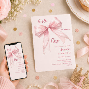 Pink bow girls wanna be one 1st Birthday Invitation