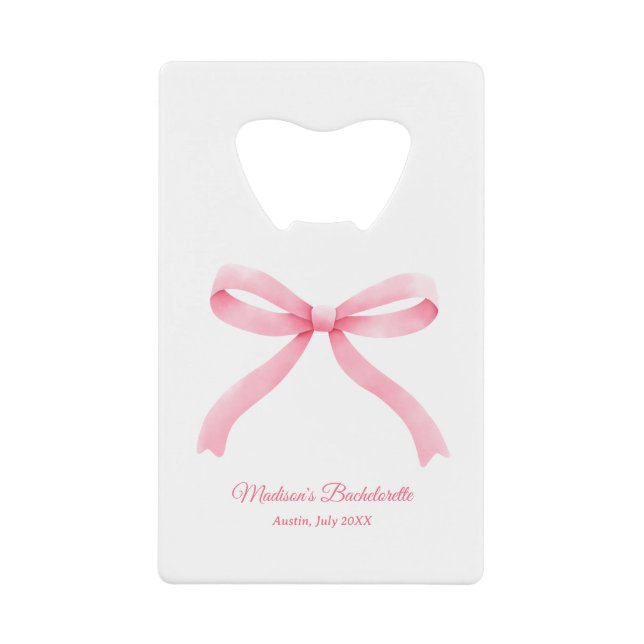 Pink Bow Girly Aesthetic Bachelorette Party Favor Credit Card Bottle Opener (Front)
