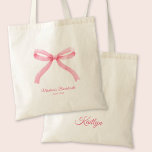 Pink Bow Girly Coquette Custom Bachelorette Party Tote Bag<br><div class="desc">This trendy coquette aesthetic design with a pink bow offers customization with the bride's name and the date or location. Perfect to add some fun and flair to your event.</div>