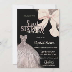 Pink Bow Glitter Dress Black Sweet 16 Invitation