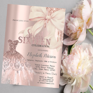 Pink Bow Glitter Drips,Dress Rose Gold Sweet 16 Invitation