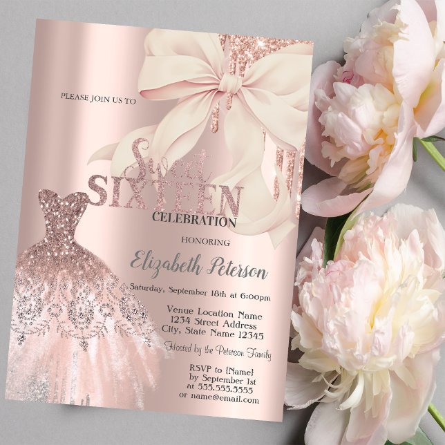 Pink Bow Glitter Drips,Dress Rose Gold Sweet 16 Invitation (Creator Uploaded)